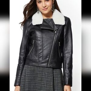 New York & Company Faux Leather Shearling Moto Jacket. Size Large